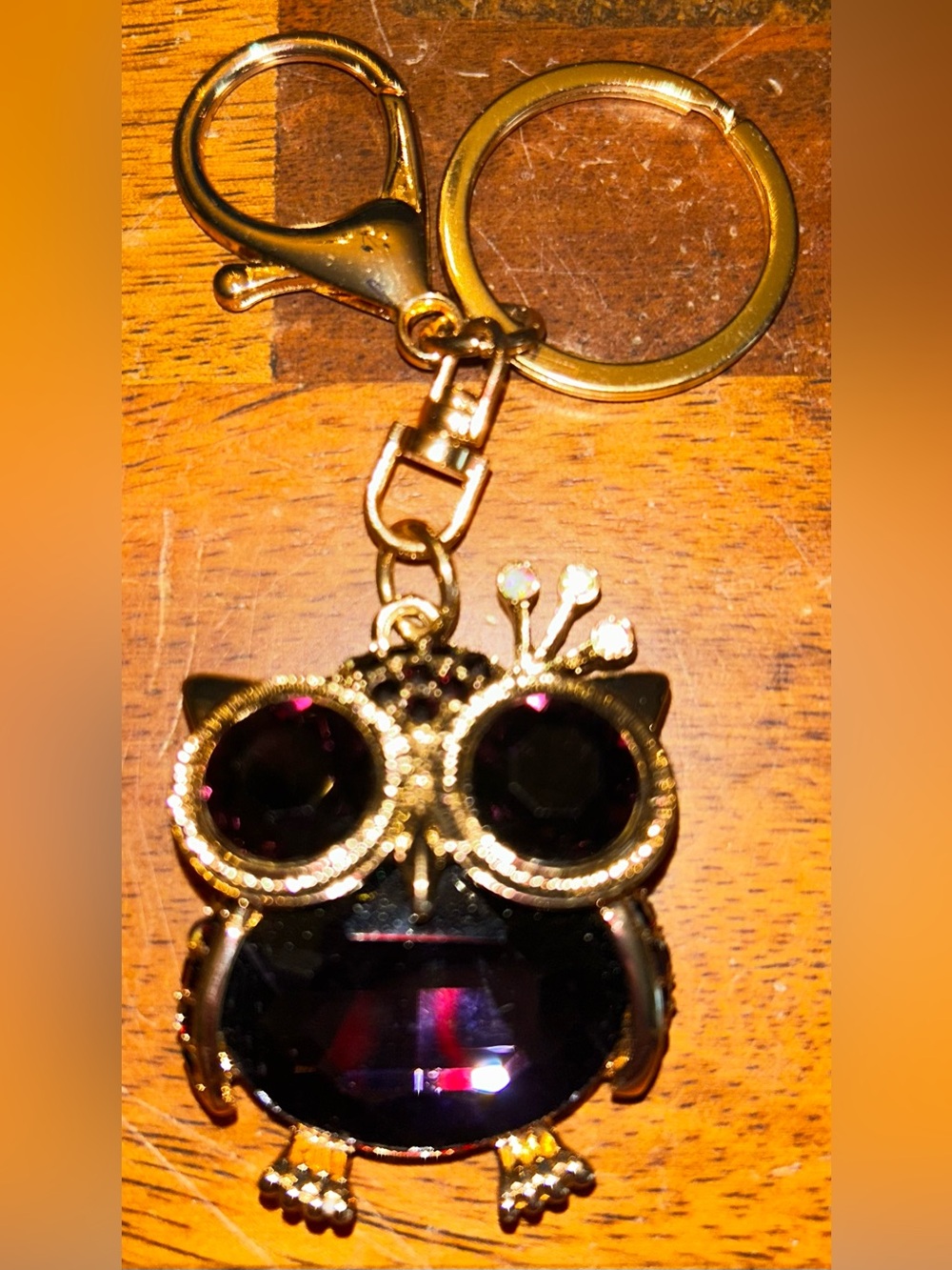 JTV Gold Owl Bag Charm Keychain with Purple Gem Glass Crystal Accents NWOT